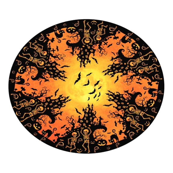 Halloween Crafted for Seasonal Tables Round Fitted Tablecloth with Elastic Edge Water- Reusable Black Orange Pumpkin and Bats Theme Suitable for 44 to 48 Inches
