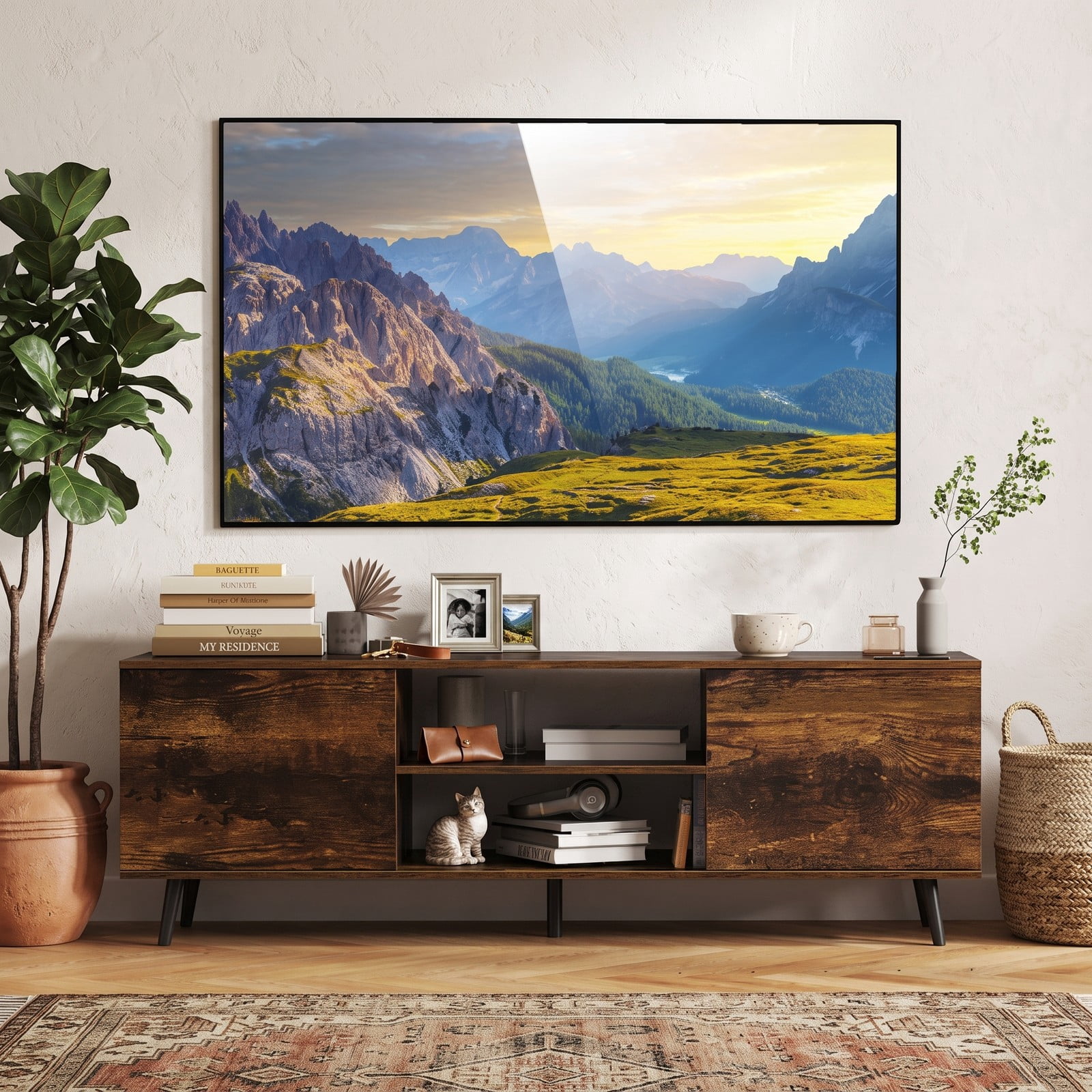 Furnibear TV Stand for 60 Inch TVs with 2 AC Power Outlets, USB-A & USB-C Charging Ports, 3-Position Adjustable Shelf, Media Console Entertainment Center, Rustic Brown