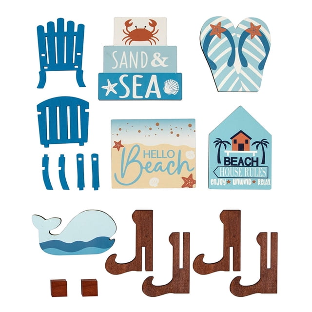 Verano Bandeja Jerárquica Hola Playa Azul Bandeja Decoraciones Silla Costera Cangrejo Chanclas Signos de Madera Verano Mar Océano Granja para Casa Mesa Estante