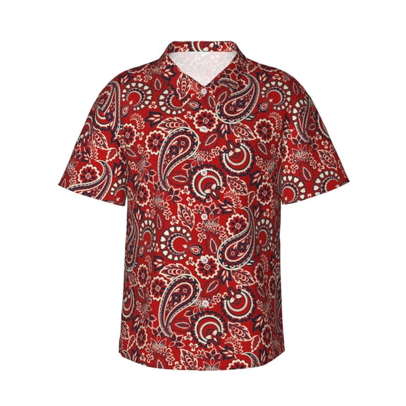 Teaboi Vintage Red Paisley for Men's Short Sleeve Hawaiian Shirt, Button Down Shirt for Beach Vacation,Small