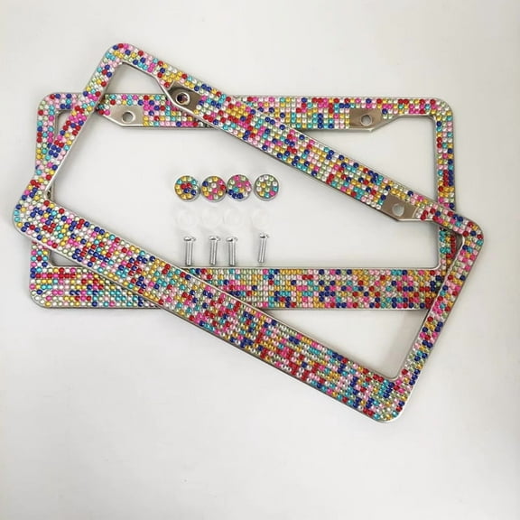 2Pack Multicoloured Bling License Plate Frame for Women,2 Pack Stainless Steel Rhinestone License Plate Frames