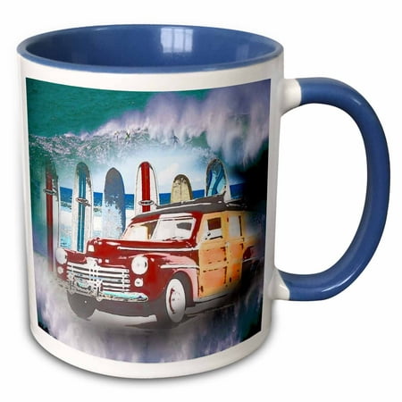 3dRose Classic Woody Car and big wave background with surfer a great surfing lover gift - Two Tone Blue Mug, (Best Big Wave Surfer)