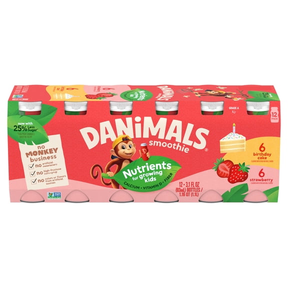 Danimals Smoothie Strawberry and Birthday Cake Low Fat Dairy Drink Smoothie Bottles Multi-Pack, 3.1 fl oz, 12 Count​
