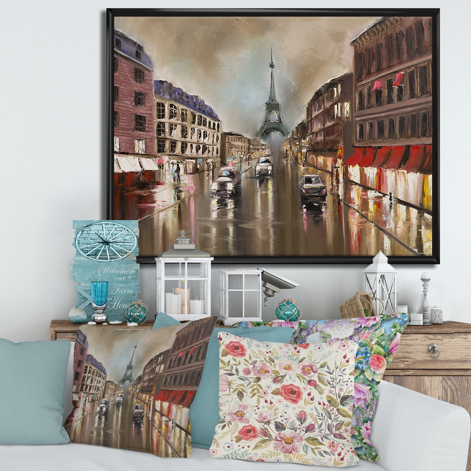 Quiet Rainy Street In Gray Eiffel Tower Paris 20 in x 12 in Framed Painting Canvas Art Print, by Designart