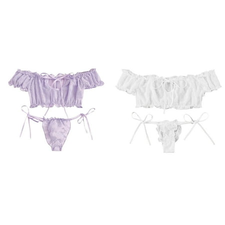 2-Pack Cute Women Embroidery Lace Bowknot Off-Shouder Lingerie Set Sleepwear Pajamas Lace Bra Set for Women Bustier Lingerie Set Lace up Men Underwear Brief Underwear Men 34 Womens Lace Lingerie Set