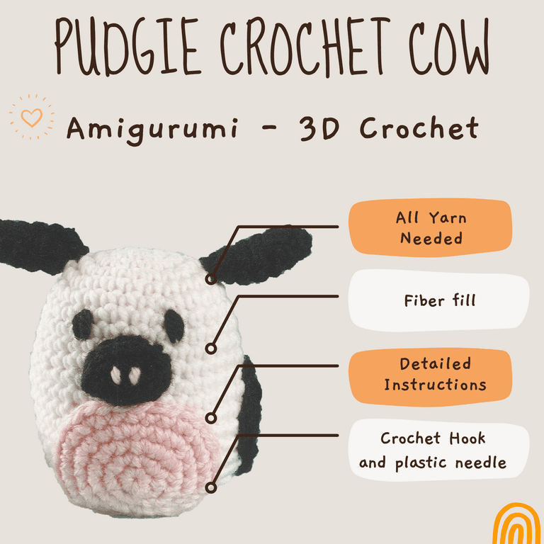 Leisure Arts Pudgies Animals Crochet Kit, Cow, 3, Complete Crochet kit,  Learn to Crochet Animal Starter kit for All Ages, Includes Instructions,  DIY amigurumi Crochet Kits 