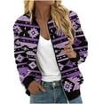 thumbnail image 2 of Feancey Casual Jackets for Women Ribbed Trim Long Sleeve Zipper Bomber Jacket Dressy Trendy Print Baseball Jackets Outdoor Windproof Thin Outerwear Purple S, 2 of 5
