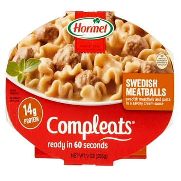HORMEL COMPLEATS Swedish Meatballs with Pasta in Cream Sauce, Shelf-Stable, 9 oz Plastic Microwaveable Tray