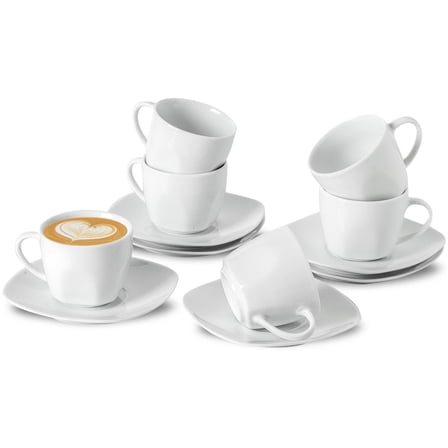 6.5 Ounce Porcelain Espresso Cups and Saucers Set of 6, Ceramic Cappuccino Demitasse Mugs Square Stackable Coffee Cup with Saucer Set for Coffee Drink Espresso Latte Cafe Mocha and Tea Party, White