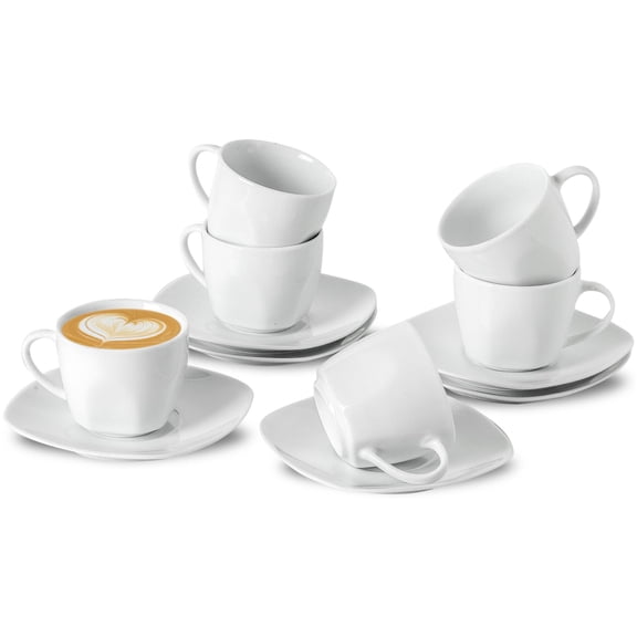 6.5 Ounce Porcelain Espresso Cups and Saucers Set of 6, Ceramic Cappuccino Demitasse Mugs Square Stackable Coffee Cup with Saucer Set for Coffee Drink Espresso Latte Cafe Mocha and Tea Party, White