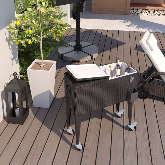 Outsunny 80 QT Rolling Cooling Bins Ice Chest on Wheels Outdoor Stand Up Drink Cooler Cart for Party, Dark Brown Wicker