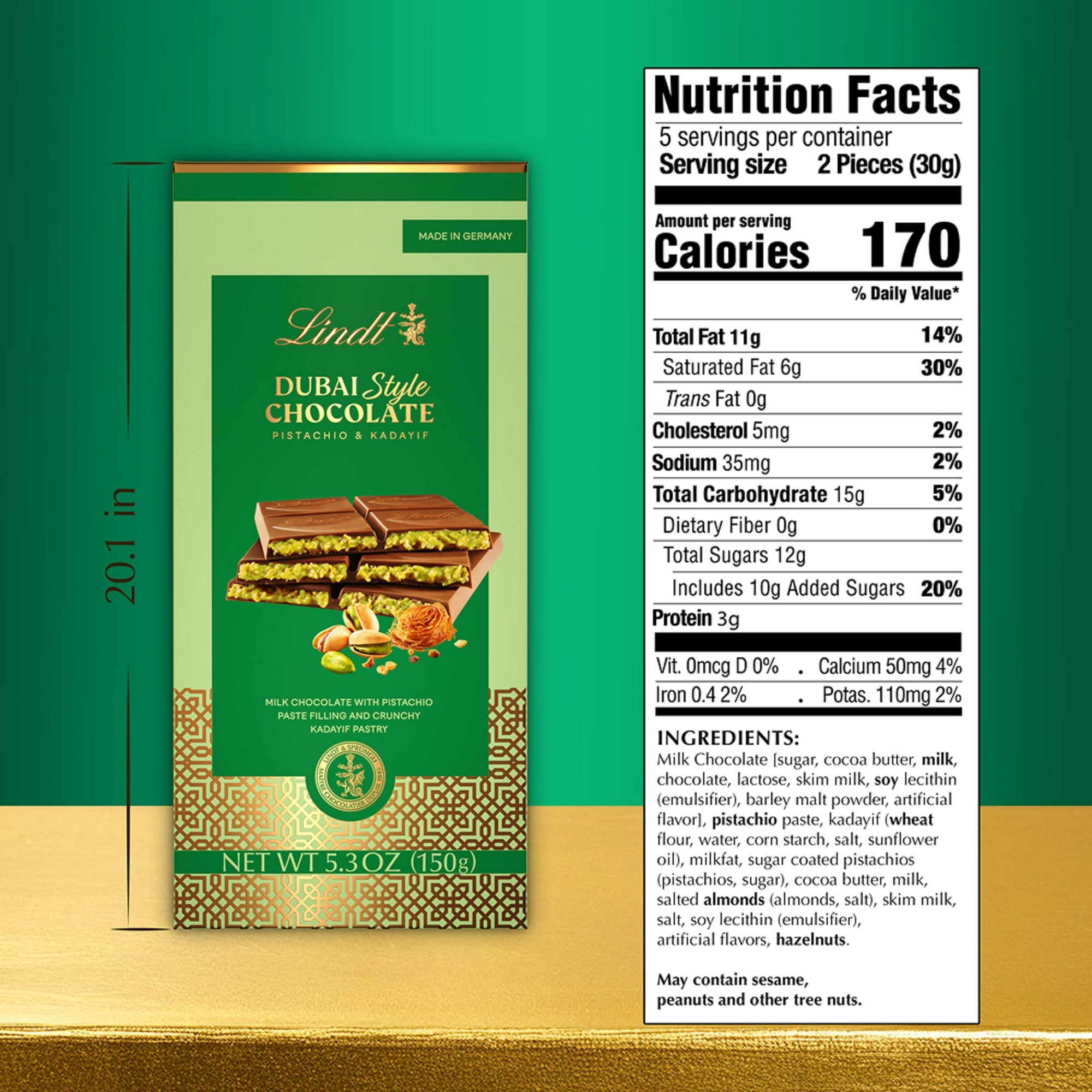 (PACK OF 2) Lindt Dubai Style Milk Chocolate Candy with Pistachio & Kadayif, 5.3 oz. Bar