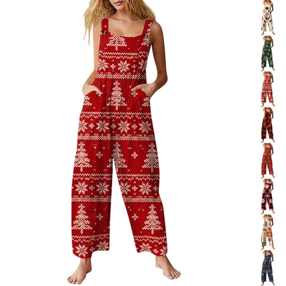 Lumtrix Women Christmas Jumpsuit Sleeveless Xmas Print Jumpsuits Spaghetti Strap Holiday Rompers Pants with Pocket Red XL