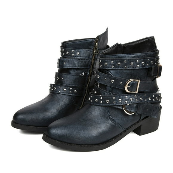 hopeusnice Women's Ankle Boots Buckle Chain Studded Boots Low Heel Block Heel Zipper Round Toe Suede Short Boots Blue 42