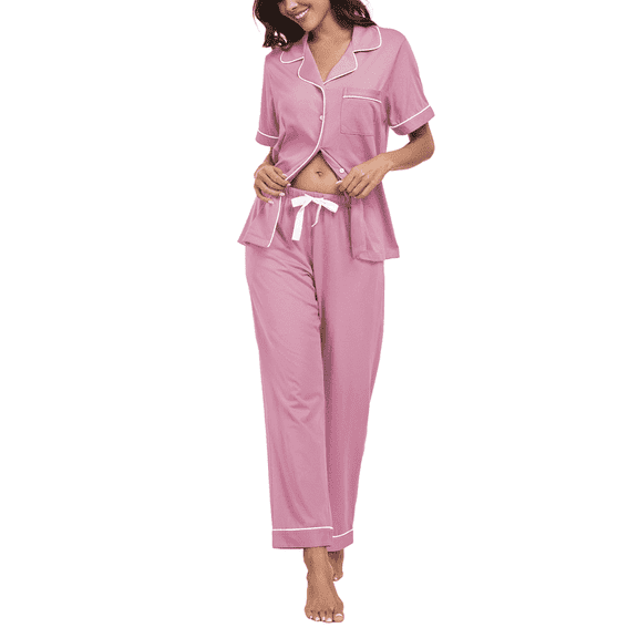 MAYFISH 100% Cotton Women's Pajamas Sets Button Down Sleepwear Short Sleeve with Long Pants Lounge Pj set(Dusty Rose,L)