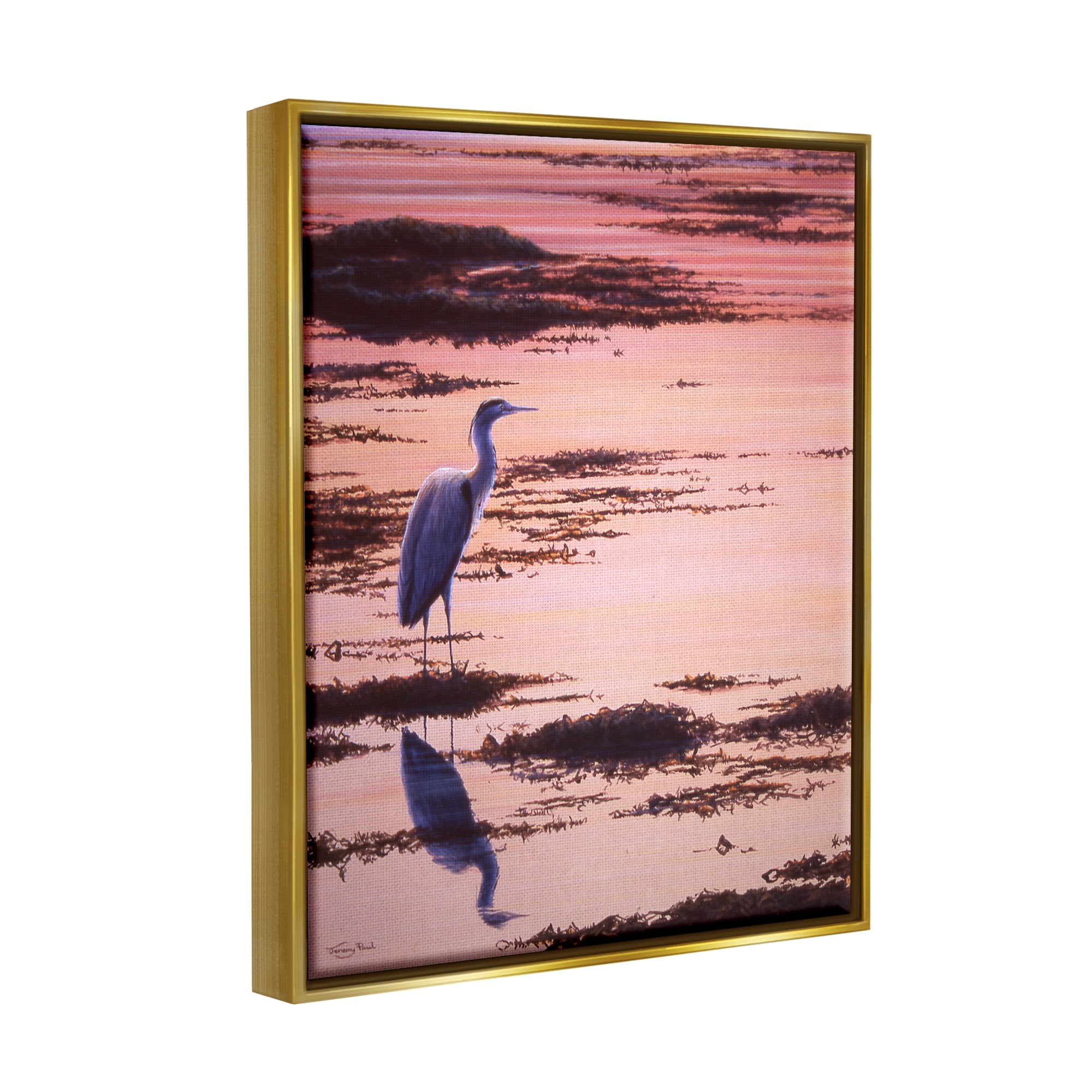 Stupell Industries Crane Bird in Sunrise Marsh Coastal Photography Gold Floater Framed Art Print Wall Art