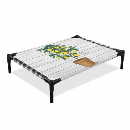 Summer Yellow Lemons Elevated Dog Bed Green Leaf Botanical Gardens Wood Grain Plaid Cooling Breathable Outdoor Raised Dog Cot Bed with Metal Frame Non-Slip Feet for Medium Dog 24x20in