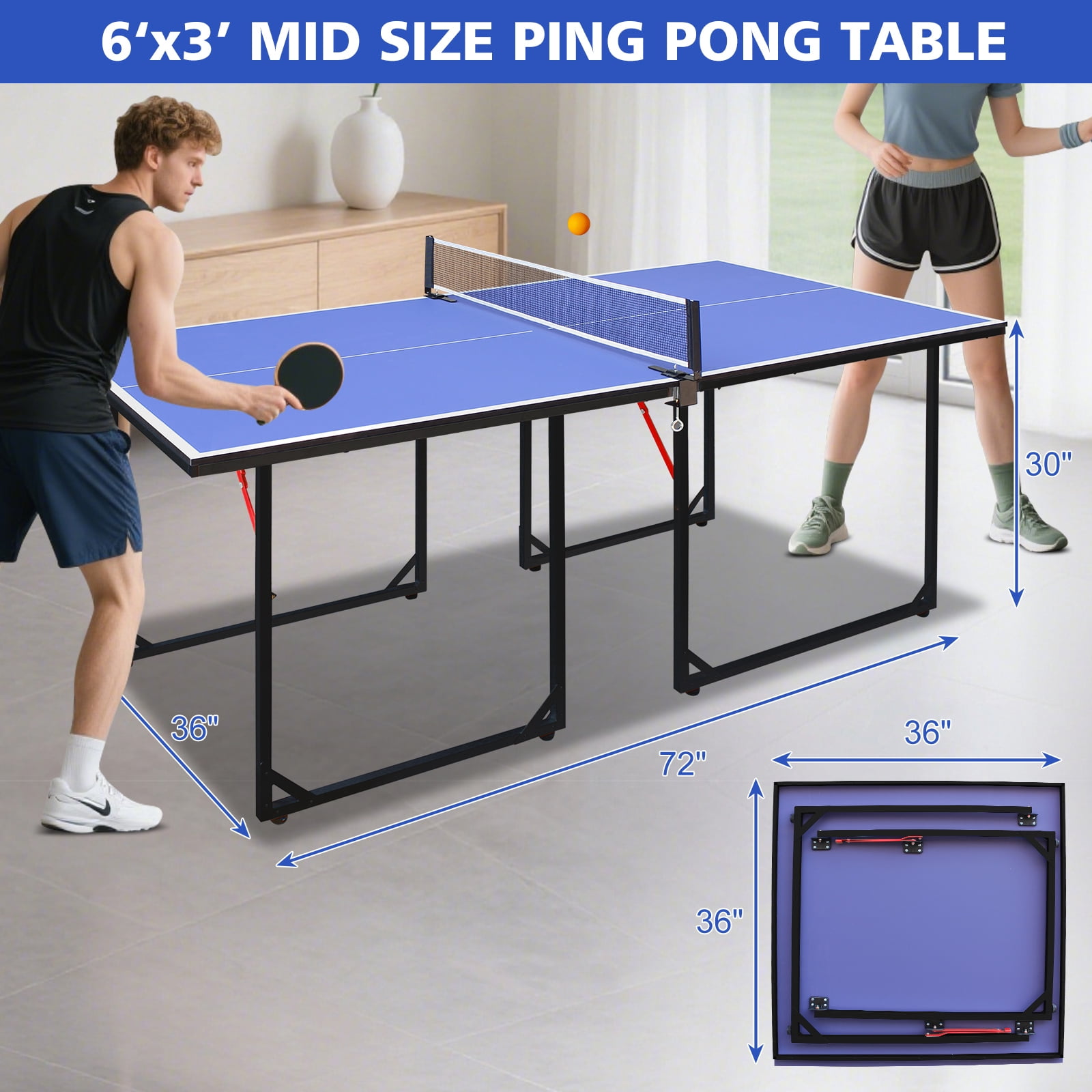 HooKung 6ft Ping Pong Table Foldable Table Tennis Table for Indoor Outdoor with Net, Table Tennis Paddles and Balls, Multi-Use Family Game Table for Kid Teenager Adult