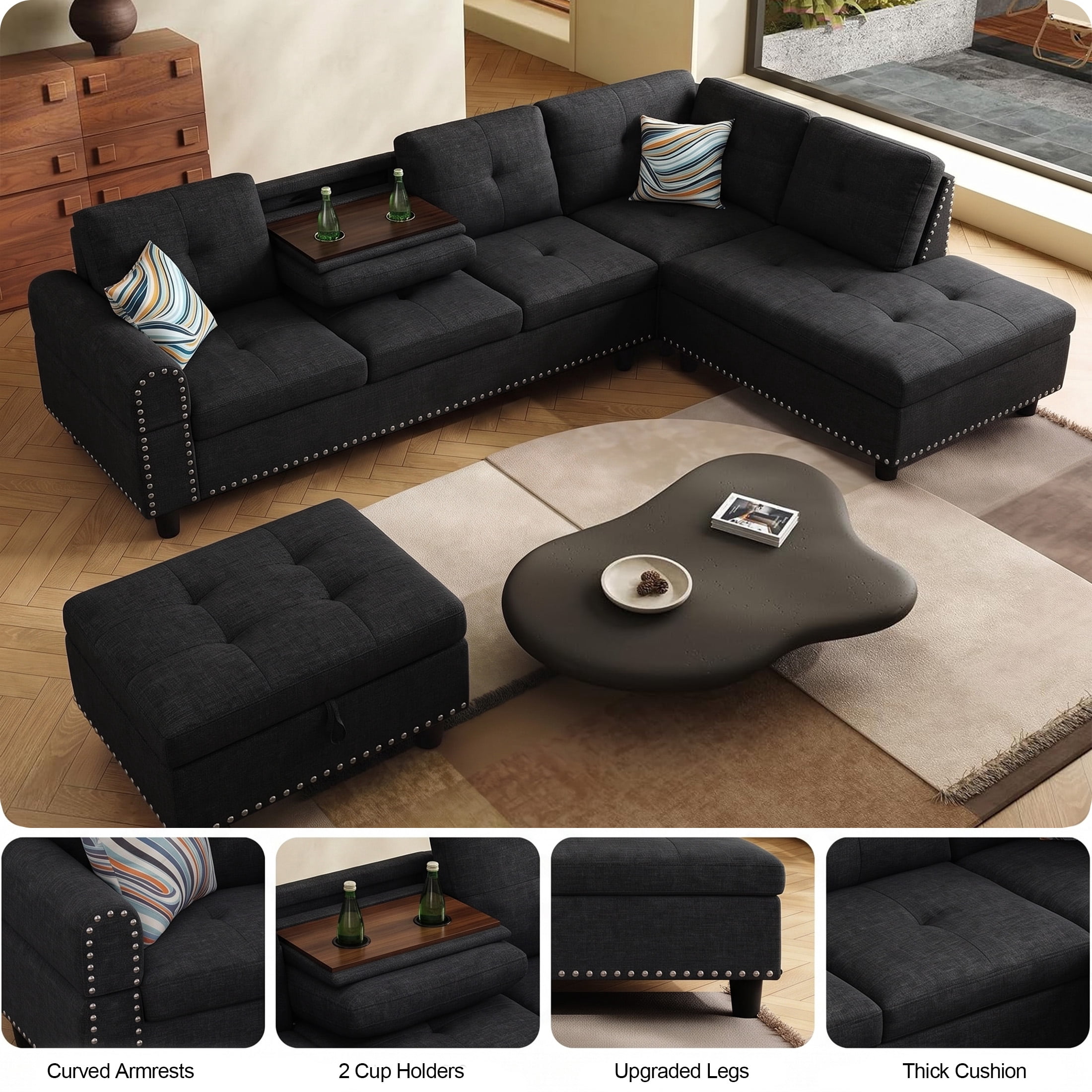 AENKYO 98" L-Shaped Sectional Sofa with Reversible Chaise, Storage Ottoman & Cup Holders, Linen, Black Gray