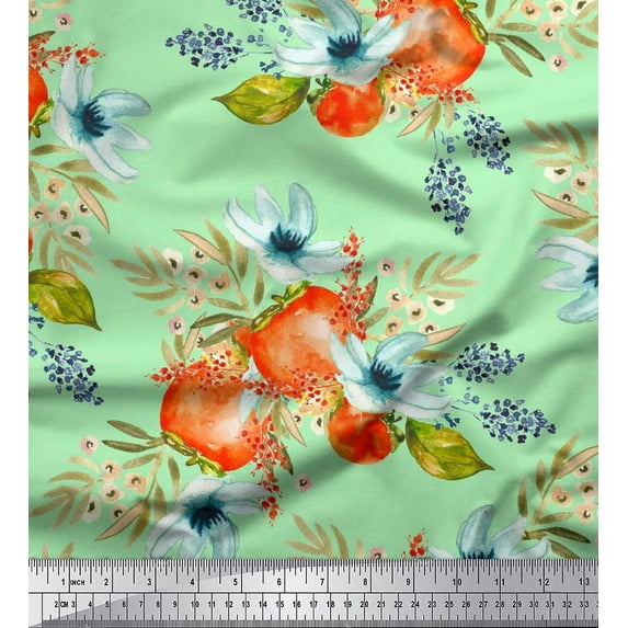 Soimoi Green Cotton Duck Fabric Tomato & Freesia Floral Print Sewing Fabric Yard 42 Inch Wide