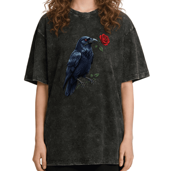 Women's Vintage Raven & Red Rose Graphic Breathable Washed T Shirt Gothic Romantic Bird Lover Black S-2XL Plus Size