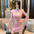 thumbnail image 4 of Femmes O Cou Creux Sexy Split Robe Taille Haute Mini Gaine Club Robe Courte Printemps Été Manches Longues Slim Robe, 4 of 6