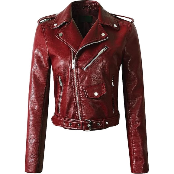 New Women's Red Lambskin Leather Jacket Stylish Slim Fit Motorcycle Belt Jacket W471