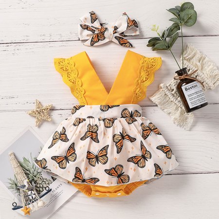 

Qazqa Girls Lace Fly Sleeve Printed Romper Bodysuits Dress Headbands Outfits