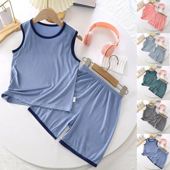 Boys Summer Outfits Kids Sleeveless Vest and Shorts Breathable Summer Pajama Set Boys' Clothing Sets Blue 5-6 Years