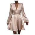 thumbnail image 2 of Women Plain Puff Sleeve Ruffled Button Long Sleeve Dress, 2 of 7