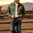 thumbnail image 4 of Ecqkame Men's Classic Trucker Jacket Lapel Collar Button Down Long Sleeve Multi Pockets Casual Daily Trendy Versatile Outerwear Army Green XXXL, 4 of 5