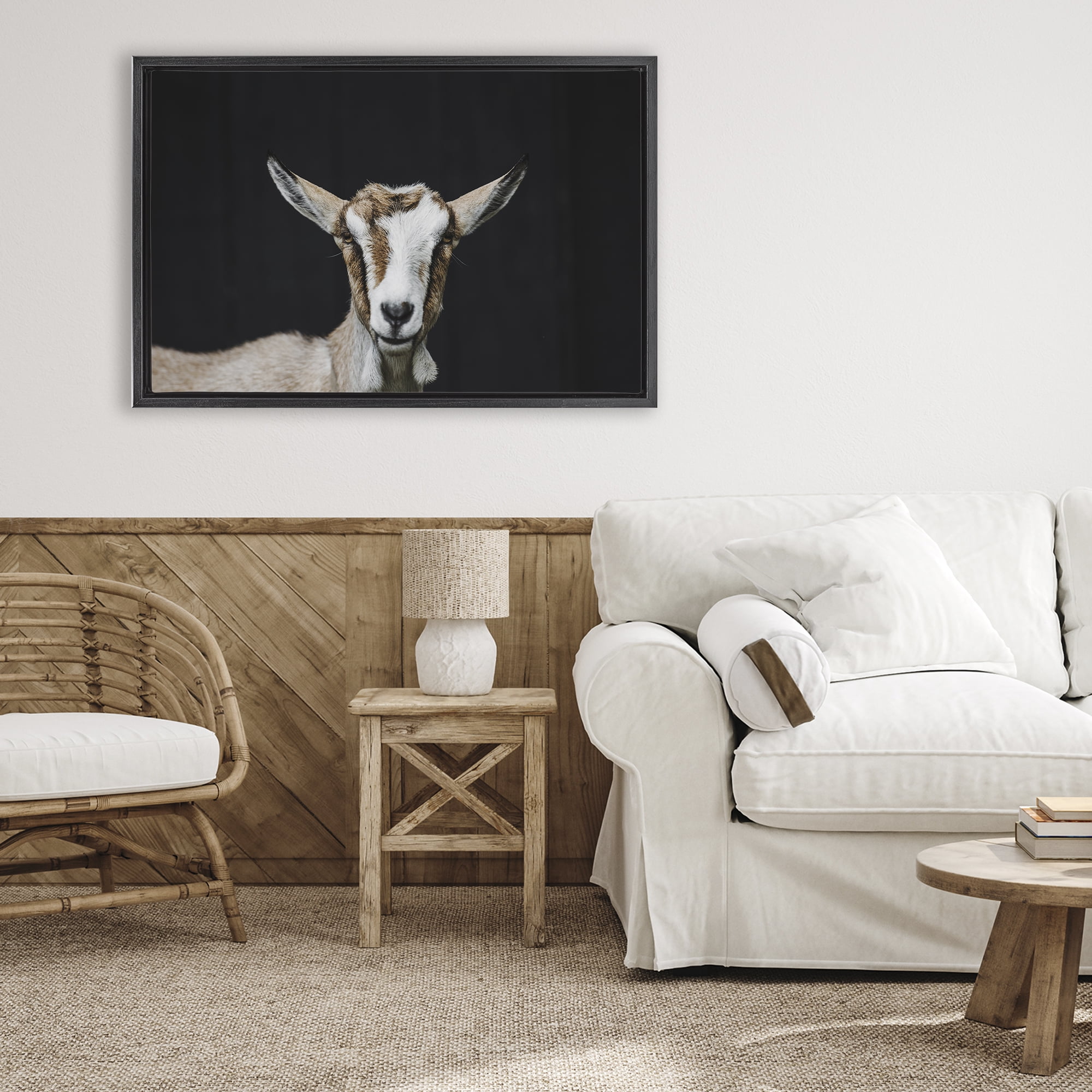 Goat Face over Black Black Framed Floater Canvas Wall Art, design by Amy Carroll