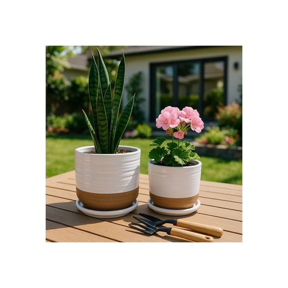 Decorative Ceramic Flower Pots Planters with Saucer - Stylish Modern Indoor and Outdoor Plant Pots for Home Decor - Pots for Plants for Living Room, Patio Plant Stand - Set of 2, 8", 6", White & Tan