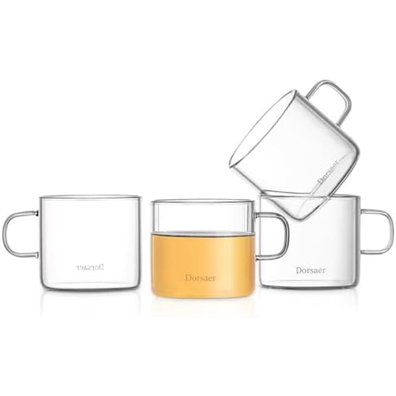 5oz Modern Glass Coffee & Tea Cups Set of 4 - Clear Espresso Cups with Handle, 150ml Nespresso Compatible, Perfect for Tea Lovers, Small Glass Mugs for Espresso, Milk, Juice