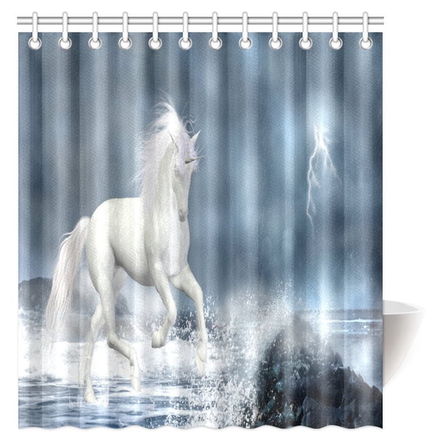 Cortina de Ducha ABPHQTO Unicornio Blanco Corriendo bajo Nubes de Tormenta 160x180 cm