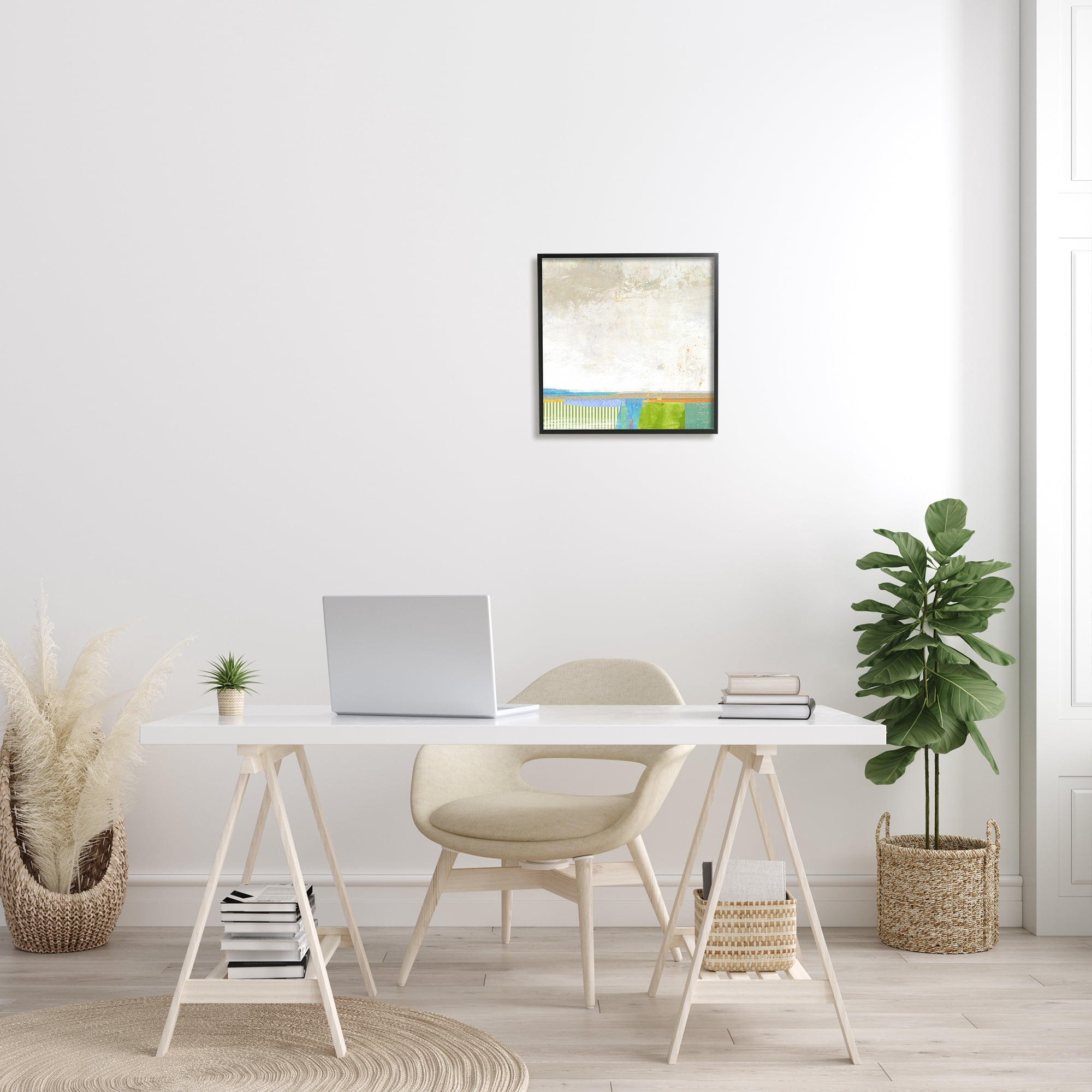 Abstract Geometric Open Landscape Green Blue Beige Abstract Framed Art Print Wall Art, 17x17