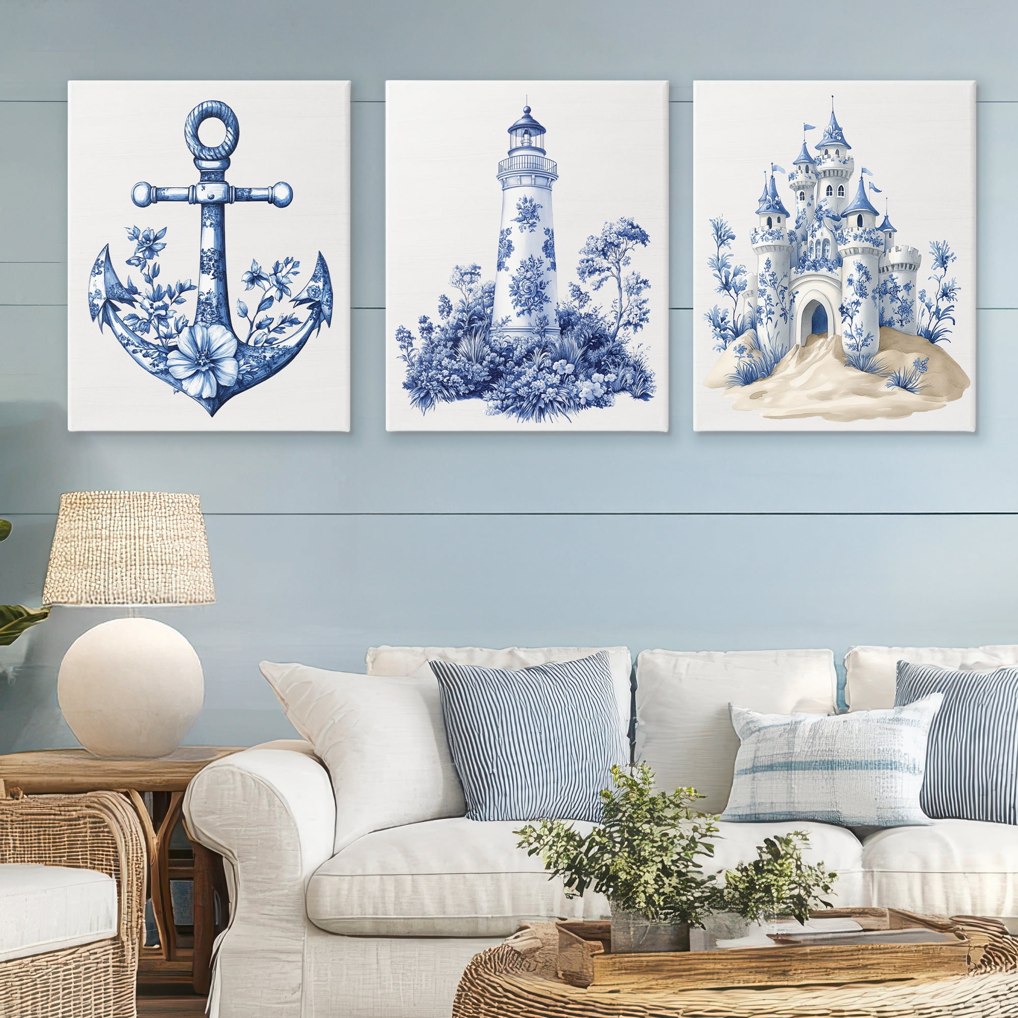 Ornate Nautical Toile Patterns 3 Piece Canvas Wall Art Set, design by Lettered and Lined