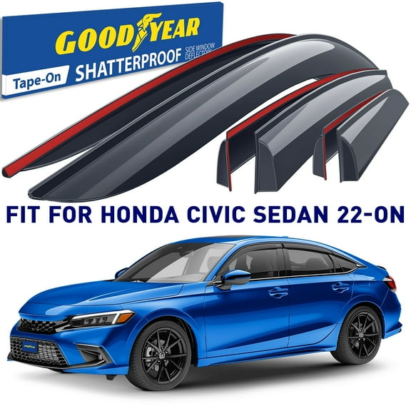 Goodyear Shatterproof Window Deflectors for Honda Civic 2022-2025 Sedan, Tape-on Rain Guards, Window Visors, Vent Deflector Visor, Car Accessories, 6 pcs. - GY008693