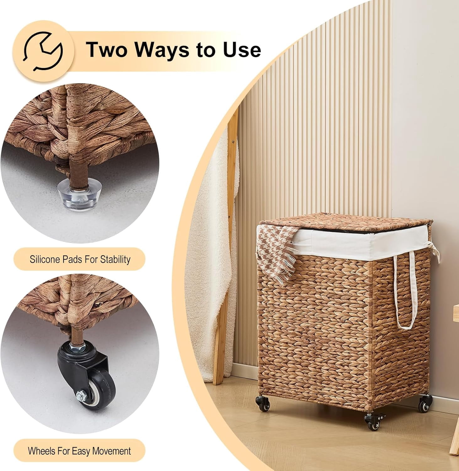 Casa Pura Furniture 2-Section Laundry Hamper with Lid, Water Hyacinth Woven Laundry Sorter with Removable Liners, Rolling or Non-Slip Design