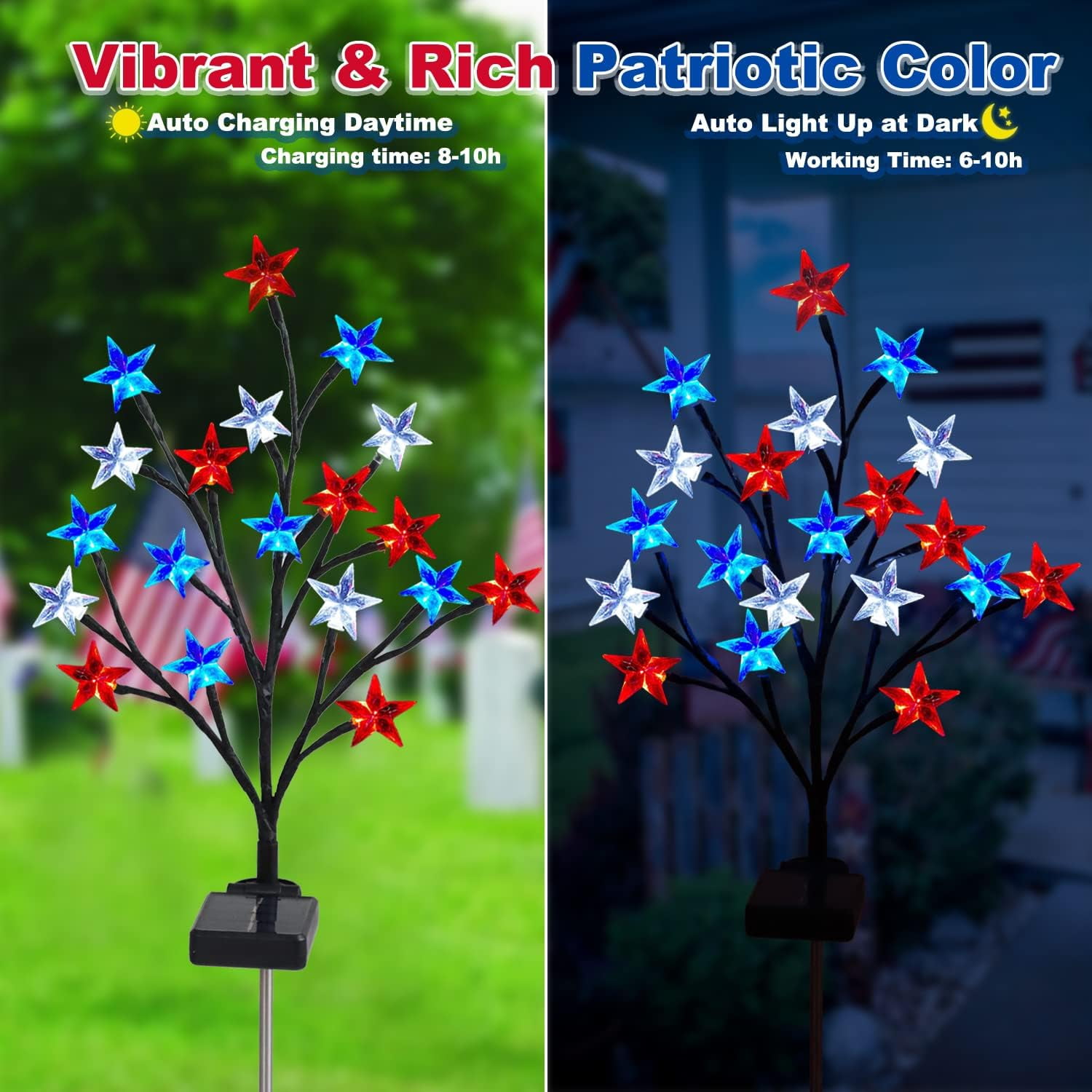 4 Pack 4th of July Decorations Solar Patriotic Star Lights, Solar Red White Blue Star Floral Pathway Lights, Waterproof Outdoor Patriotic Decorations Lights for Memorial Day Garden Yard