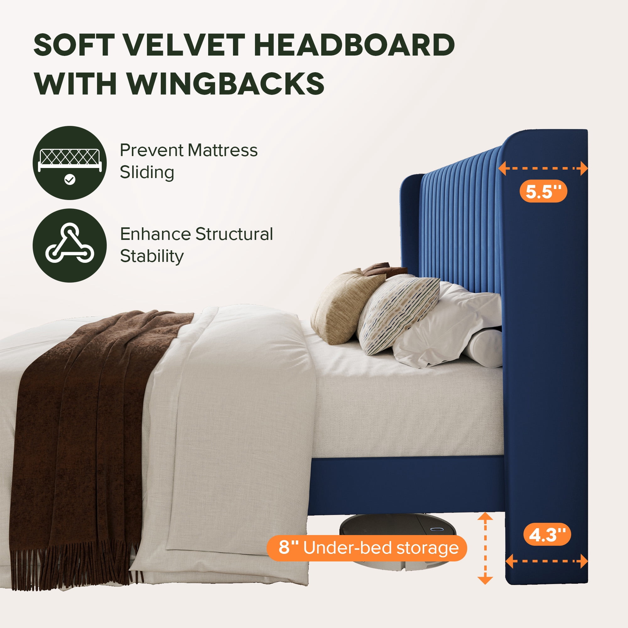 Einfach Full Bed Frame, Upholstered Platform Bed with Wingback Headboard, No Box Spring Required, Dark Blue