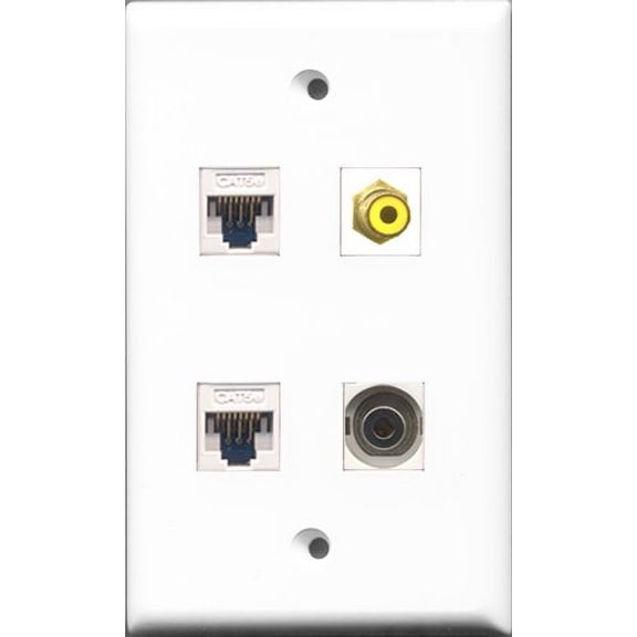 RiteAV 1 Port RCA Yellow and 1 Port 3.5mm 2 Port Cat5e Ethernet White Wall Plate