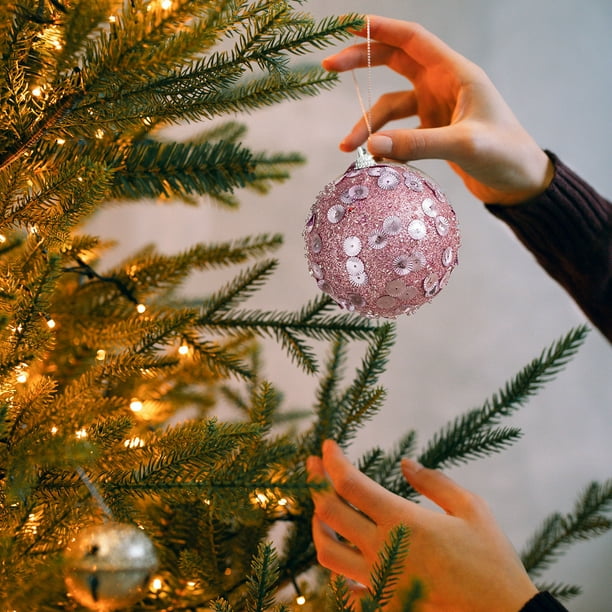 Ireezec Pink Glitter Foam Christmas Ball Ornament Hanging Decoration for Holiday Tree Party Festive Decorations Indoor Outdoor Xmas Decor