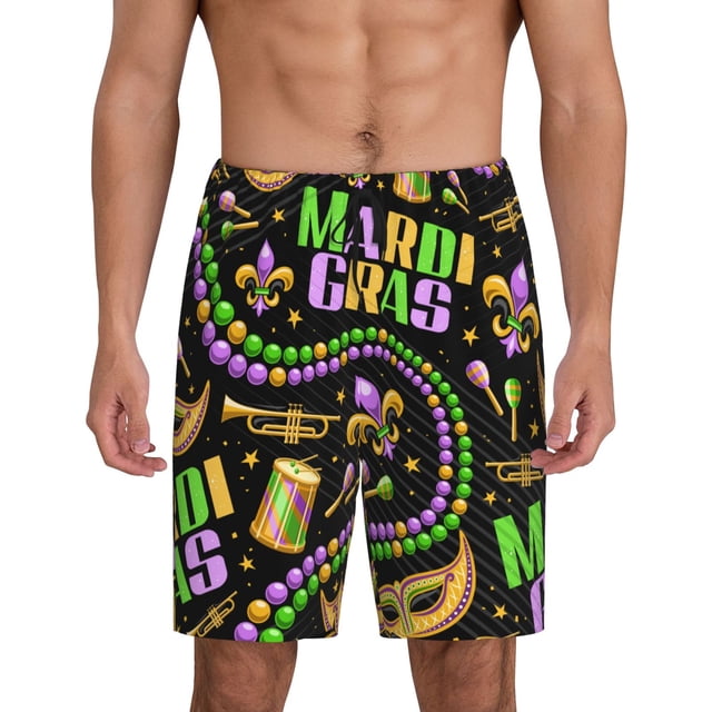 Balery Mardi Gras3 Pantalones cortos de pijama de punto de algodón para hombre con cinturilla y bolsillos-X-Large