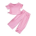 thumbnail image 3 of Bovxnpu Girls Summer Outfits, Girls Cotton Short Sleeve Top and Wide Leg Pant Set, Children's Solid Color Short Sleeved Tops With Elastic Waistband Pants Summer Casual And Comfortable Set 1 Year, 3 of 9