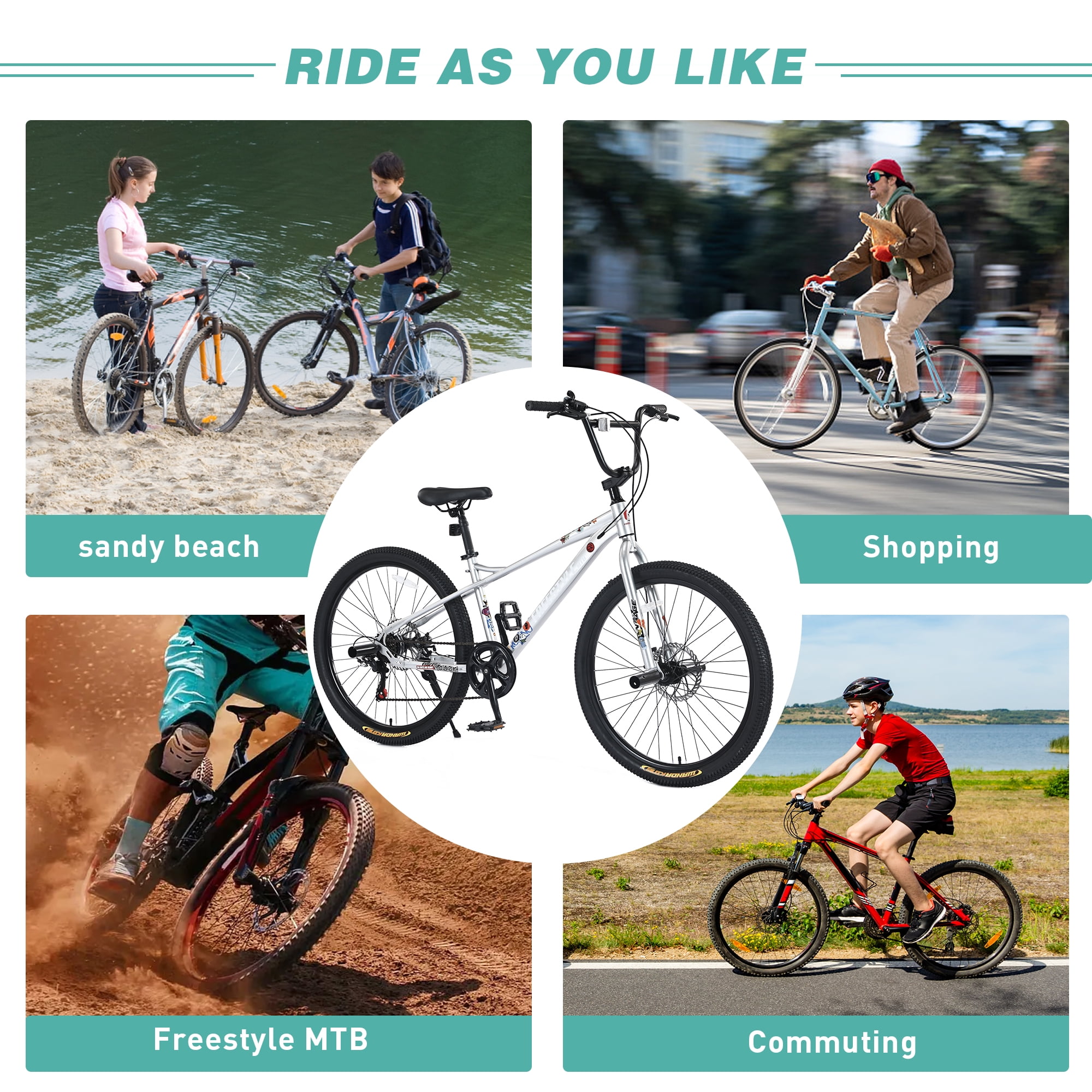 Aukfa 26" Freestyle BMX Bikes,Kids Mountain Bike for Boys Girls,Shimano 7 Speed,Double Disc Brakes,Silver