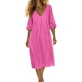 thumbnail image 3 of Sentmoon Robes en Lin pour Femmes 2026 Robe d'Invitée de Collation des Grades Robe d'Été d'Anniversaire Couleur Unie Manches 3/4 Col Rond Extensible Coupe Régulière Robes d'Été avec Poches Tendance P-3TG, 3 of 6