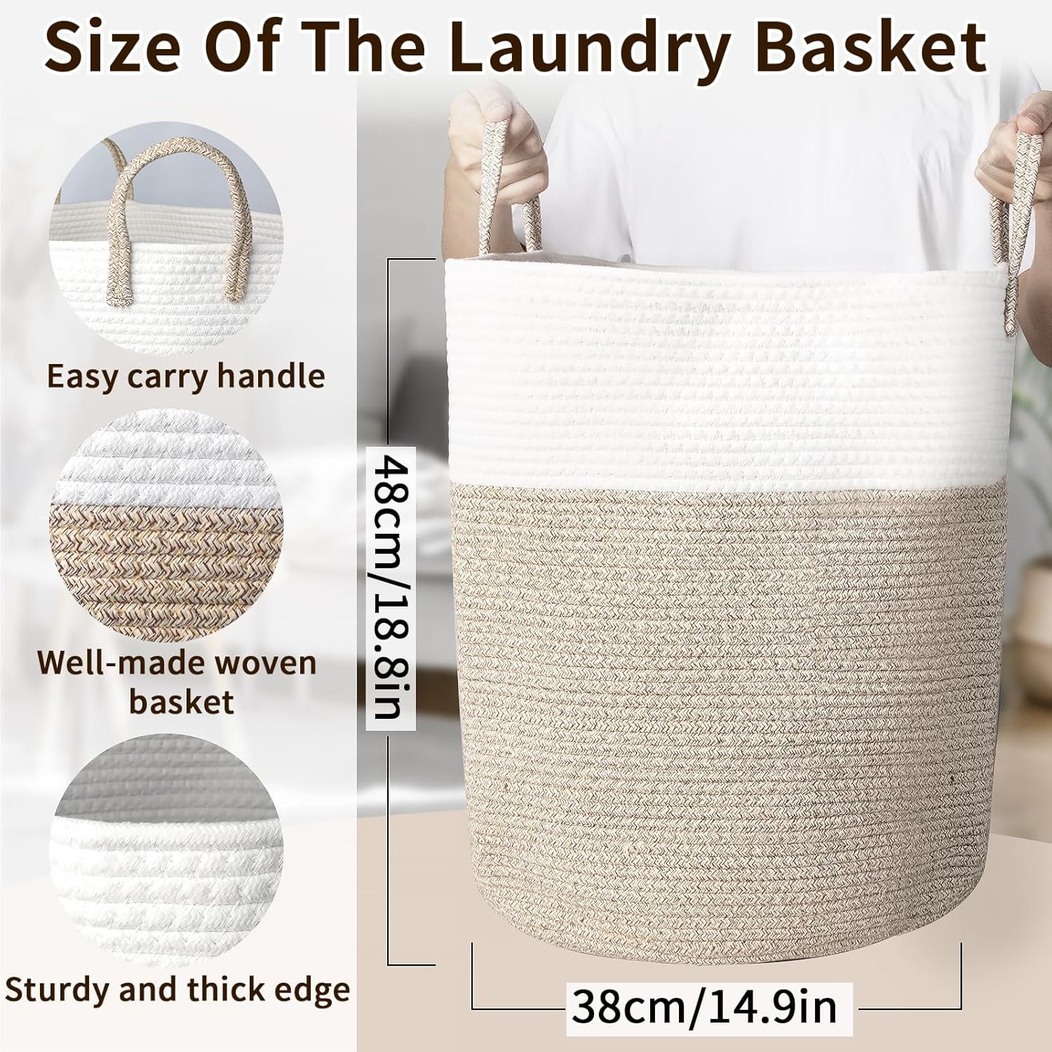 Laundry Basket Large Woven Rope Laundry Hamper 60L Foldable Tall Storage Basket with Handle for Decor Storage of Dirty Clothes Toys and Blankets in Bathroom Bedroom Living Room White & Brown