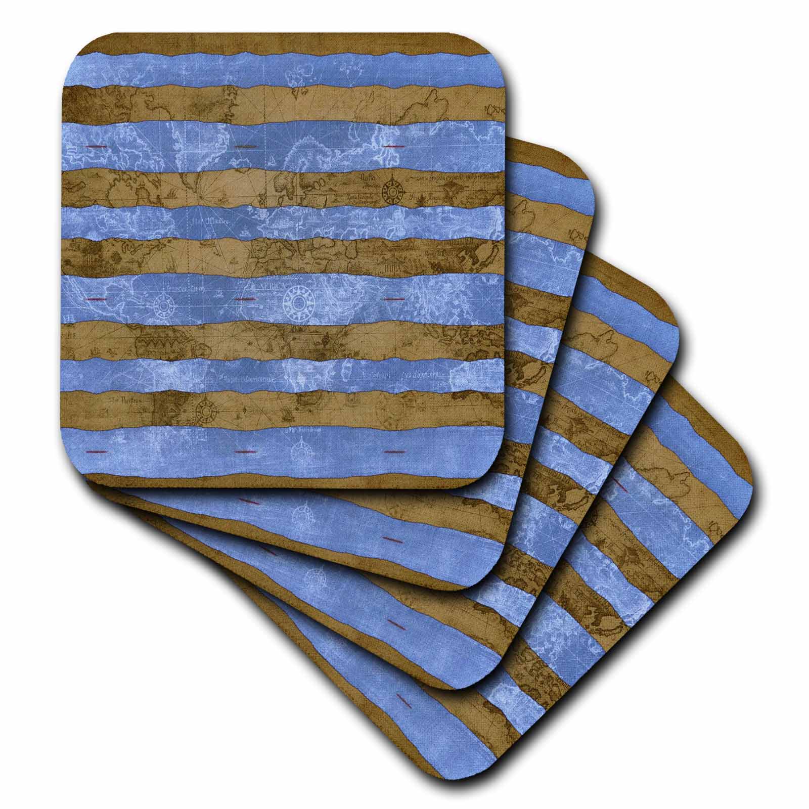 Gold and Blue Map of the World Stripes Art set of 8 Coasters Soft cst