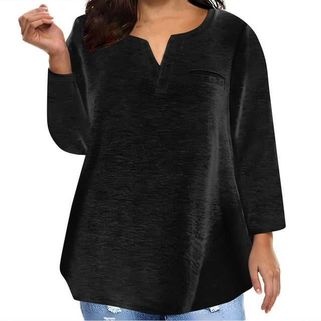 Yuyuzo Plus Size Tops for Women Notch V Neck Long Sleeve Shirts Solid Color Comfy Fall Tunic Tops